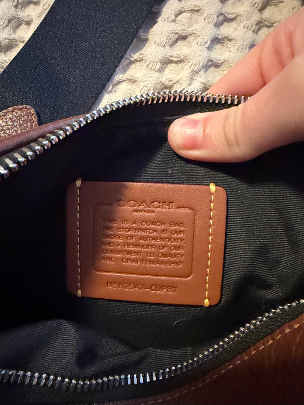 Coach Brown Leather Crossbody with Black Interior and Navy Strap